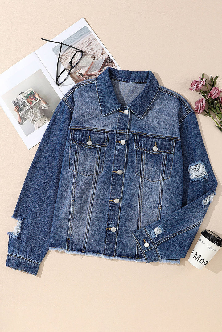 Stilla | Størrelse Distressed Button up Raw Hem Denim Jakke