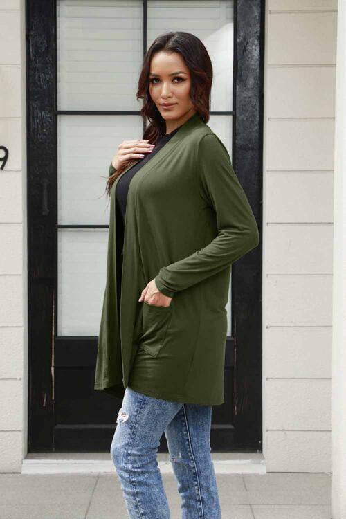 Stilla | Bae Full Size Åben Front Langærmet Cardigan Med Lommer