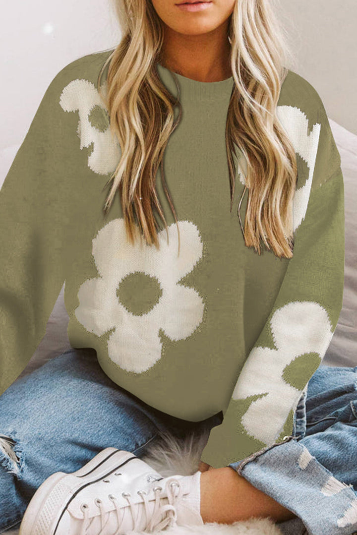 Stilla | Hals Blomstermønster Farve Kontrast Design Langærmet Sweater