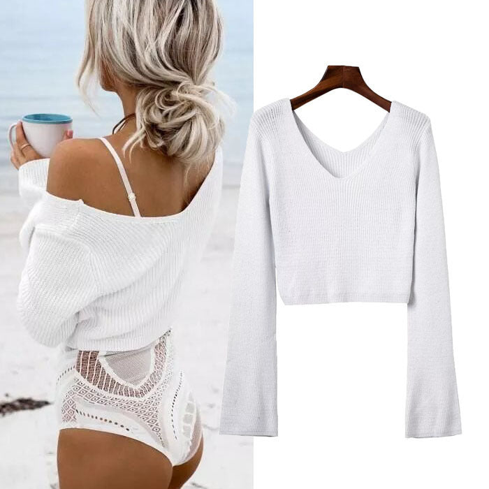 Dame Kort Sweater med Bred Krave og Sofistikeret Rib Struktur Stilla