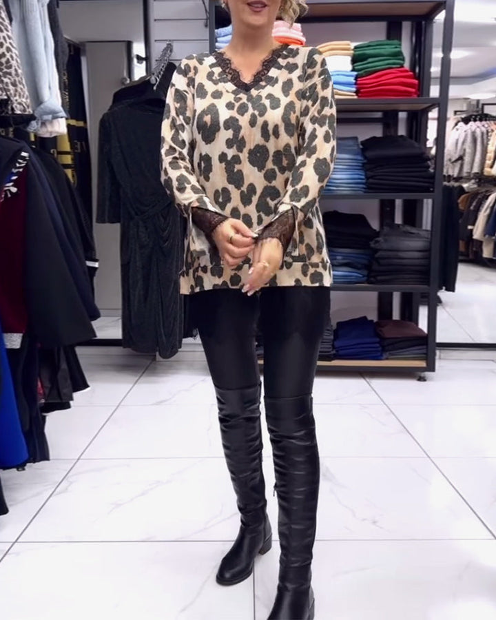 Stilla | Løs V-hals Leopardmønster Spidseindsats