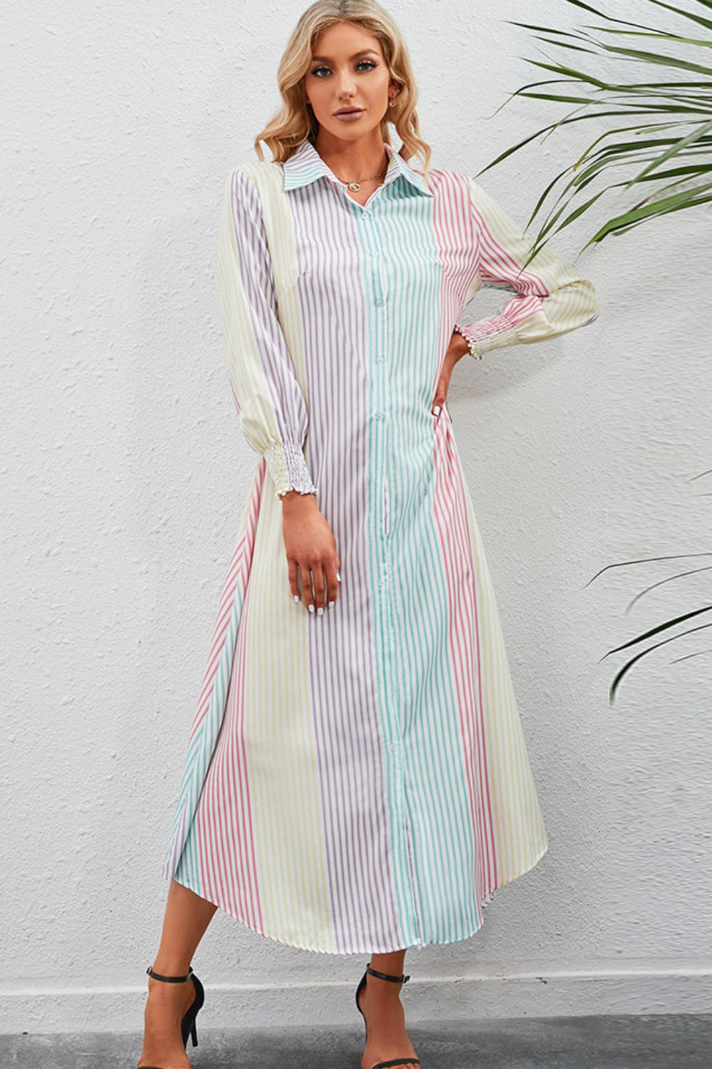 Stilla | Stripe Knap-op Maxi Skjorte Kjole