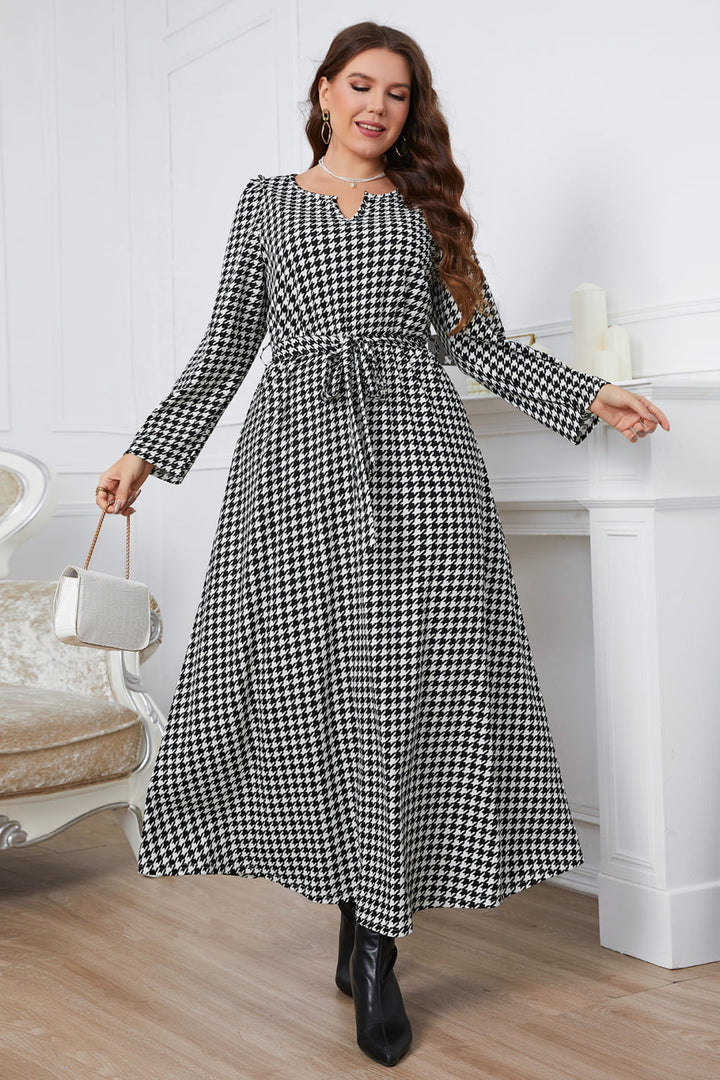 Stilla | Tøj Plus Size Notch Hals Houndstooth Bælte Maxi Kjole