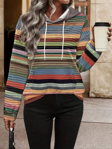 Stilla | Elegant Dame Sweatshirt Med Hætte Striber, Tætsiddende Pasform, Let Polyesterblanding