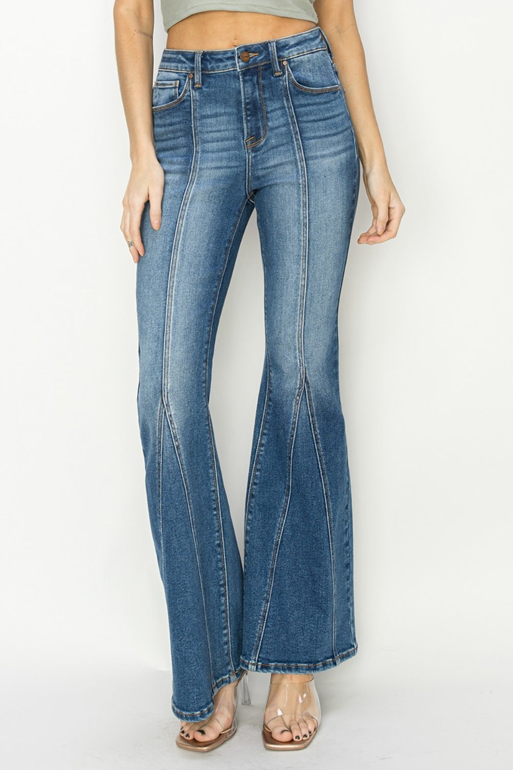 Stilla | Full Size Høj Talje Front Søm Detaljeret Flare Jeans