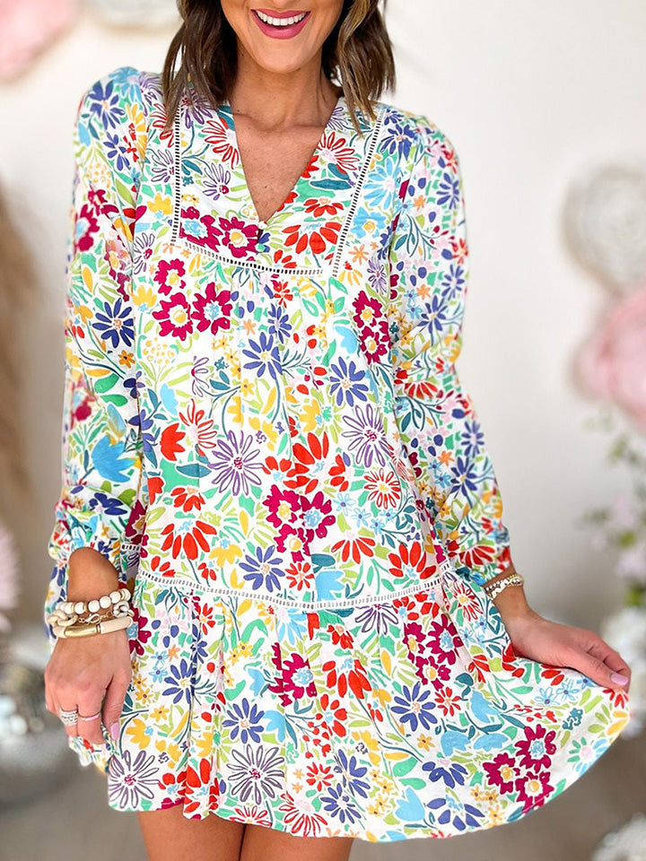 Stilla | Hals Blomstret Print Langærmet Mini Kjole