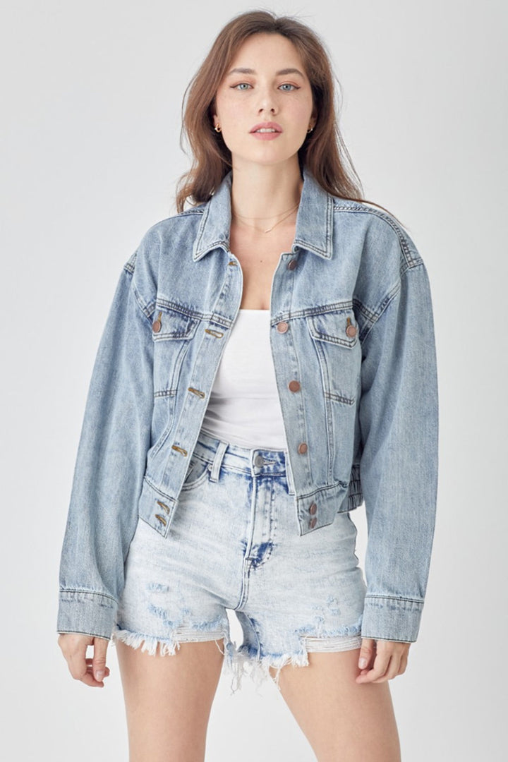 Stilla | Full Size Knap-Ned Cropped Denim Jakke