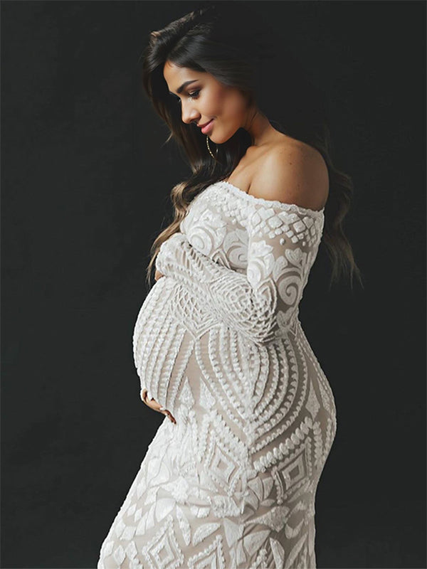 Stilla | Hvid Dækpude Pailletter Bare Skuldre Fishtail Elegante Tynd Bubble Ærme Fest Maxi Kjoler Fotografisk Gravidkjole