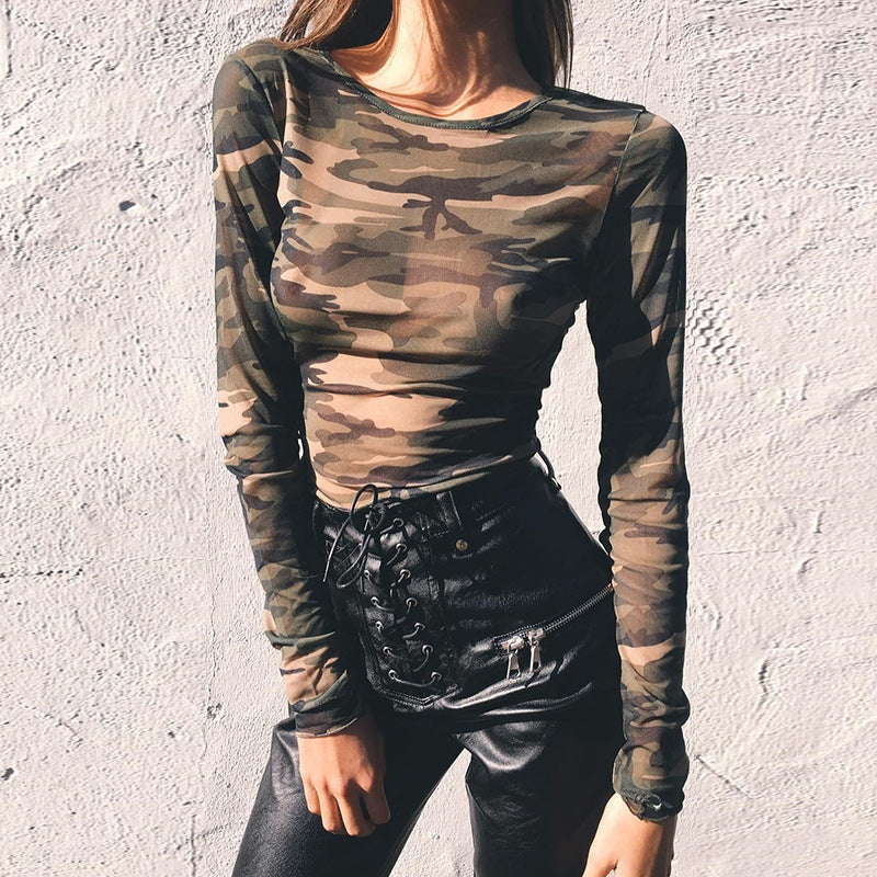 Dame Transparent Camouflage Langærmet Bluse Stilla