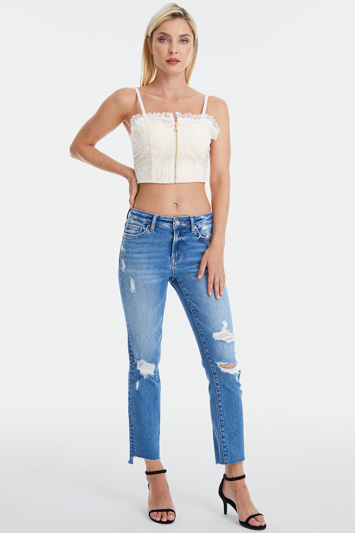 Stilla | Fuldlængde Mellem Talje Distressed Ripped Lige Jeans