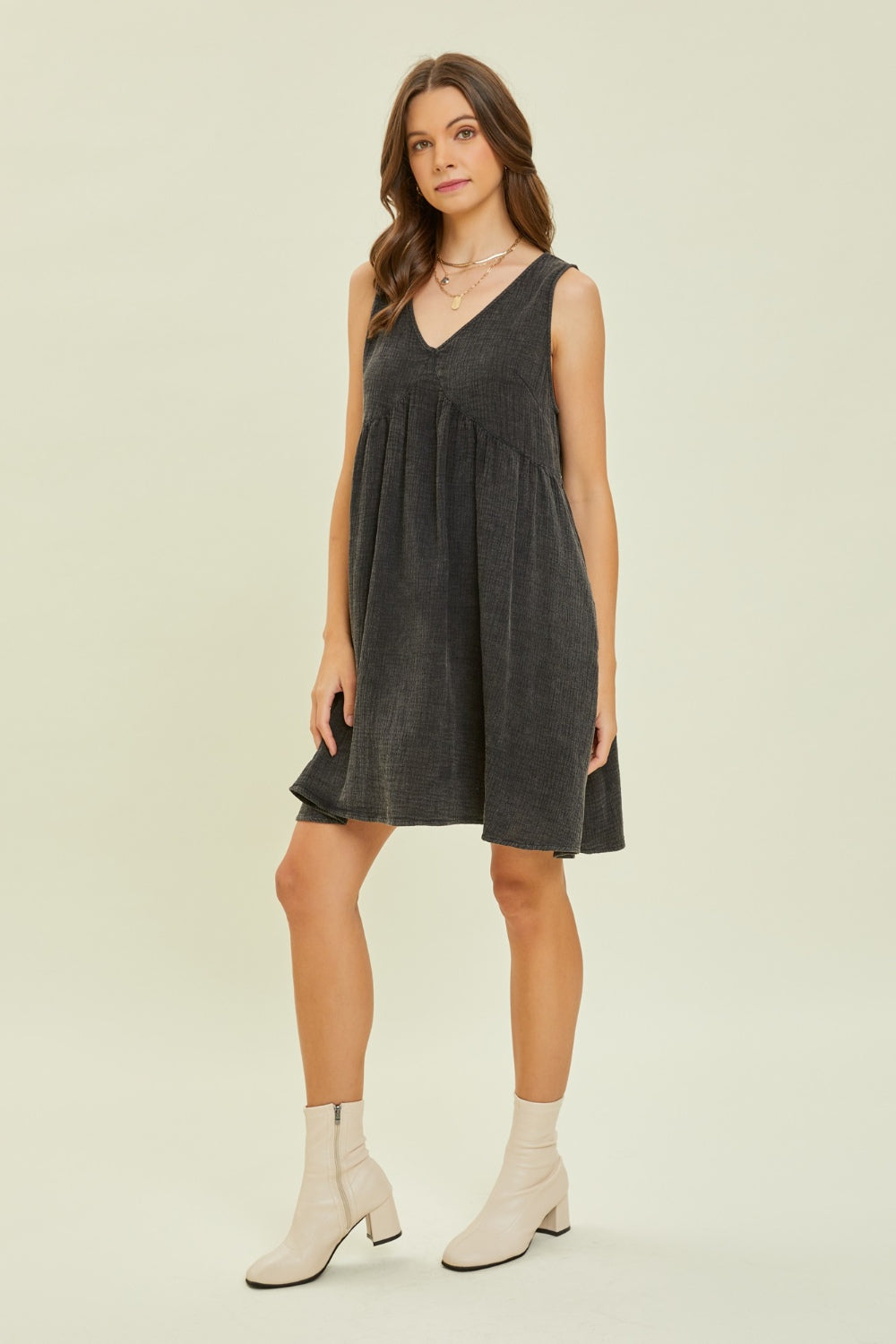 Stilla | Plus Size Texture V-hals Ærmeløs Flare Mini Kjole