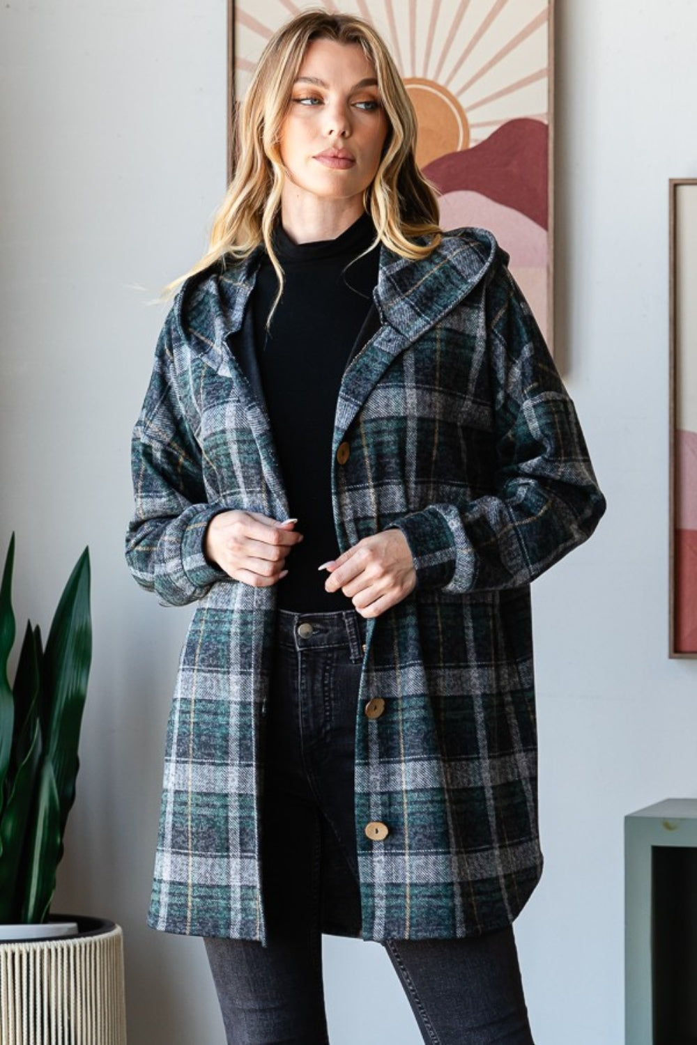 Stilla | Checks Heimish Hoodie Strikjakke Med Knapper og Lange Ærmer