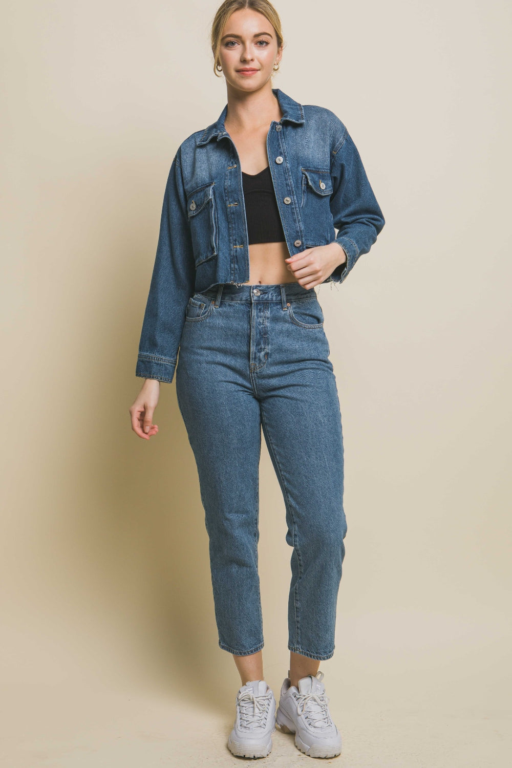 Stilla | Tree Raw Hem Knap up Cropped Denim Jakke