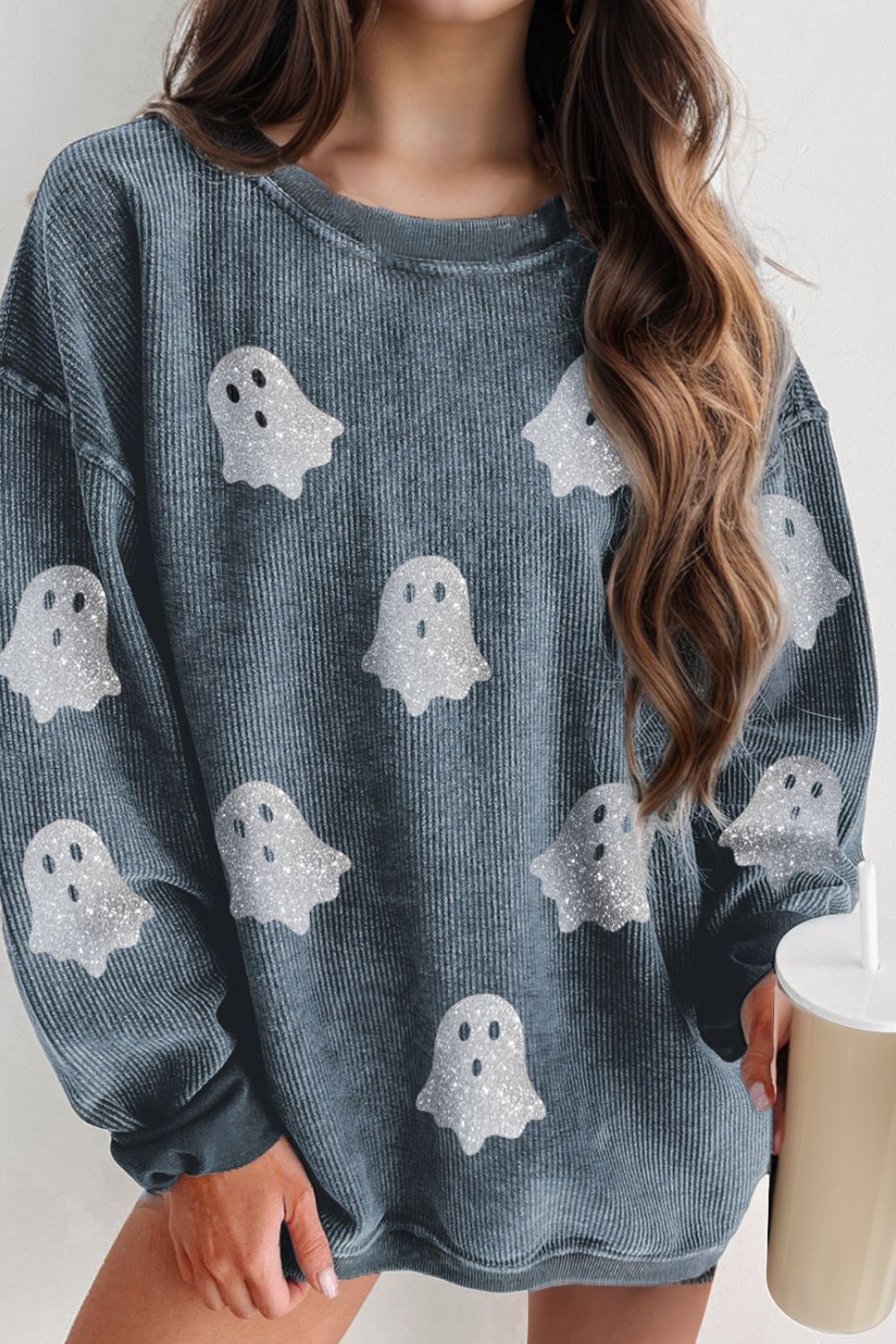 Stilla | Sweatshirt Med Rund Halsudskæring Ghost Med Glitterstof og Lange Ærmer