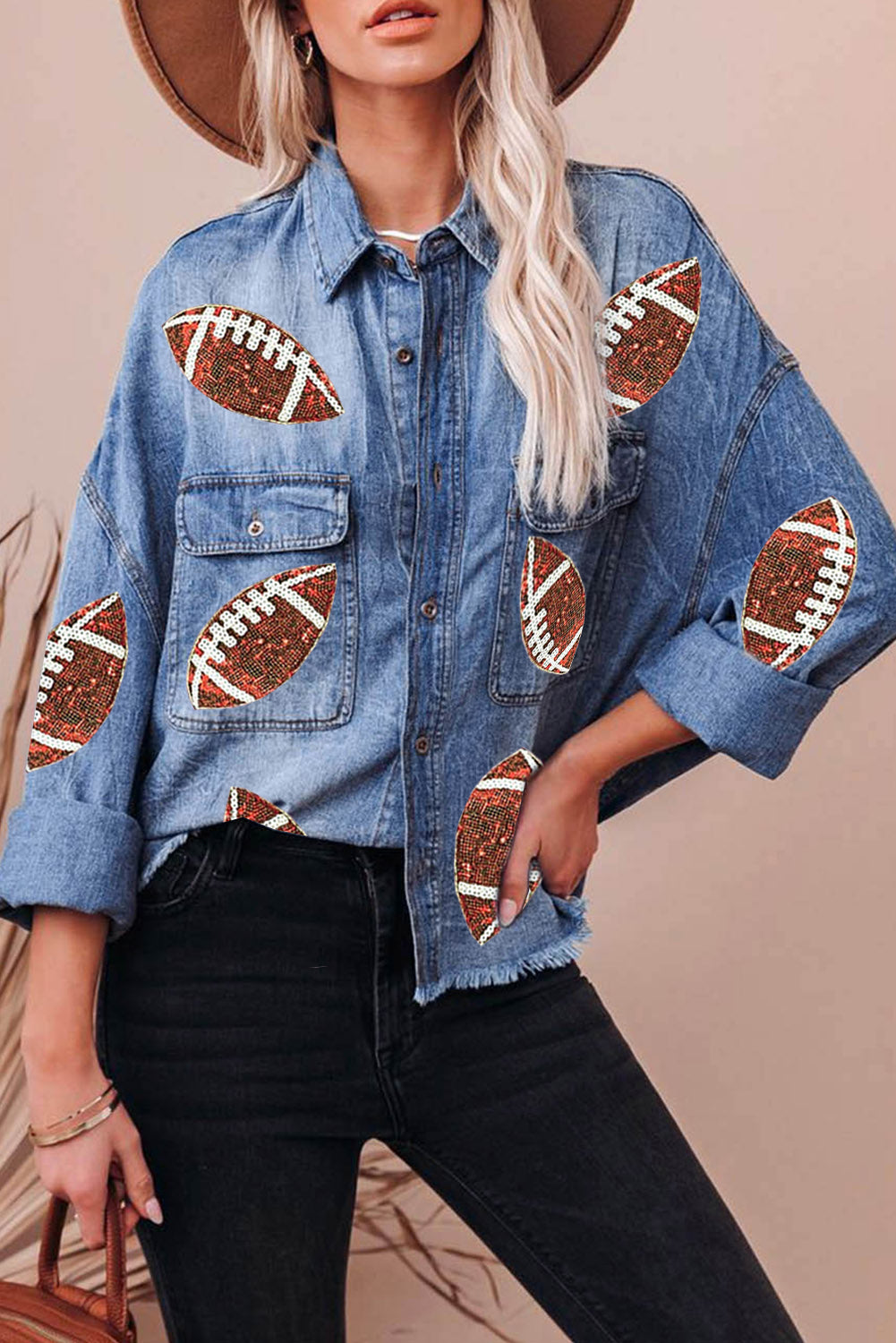 Stilla | Hem Sequin Football Langærmet Denimjakke