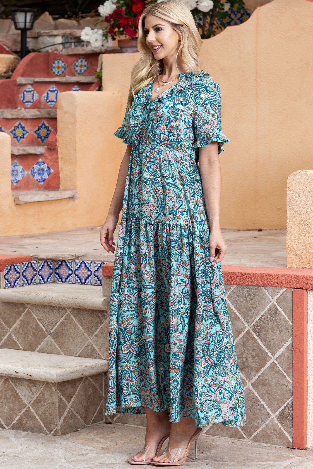 Stilla | Print Flounce Sleeve Maxi Kjole
