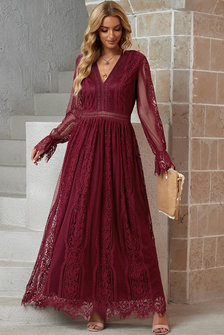 Stilla | Hem Flounce Ærme Blonde V-Hals Maxi Kjole