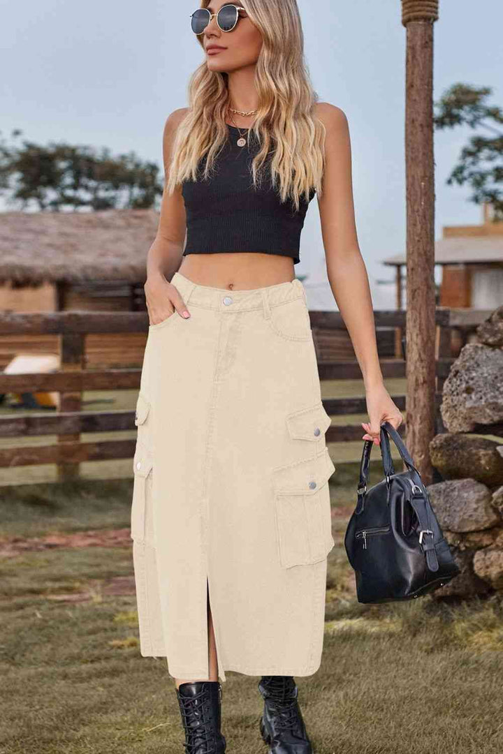 Stilla | Front Midi Denim Skirt Med Lommer