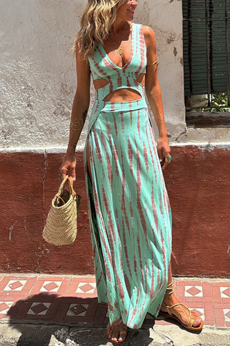 Skovae | Rosiedress V-udskæring Ærmeløs Cut Out Talje Sideslids Batik Maxi Kjole