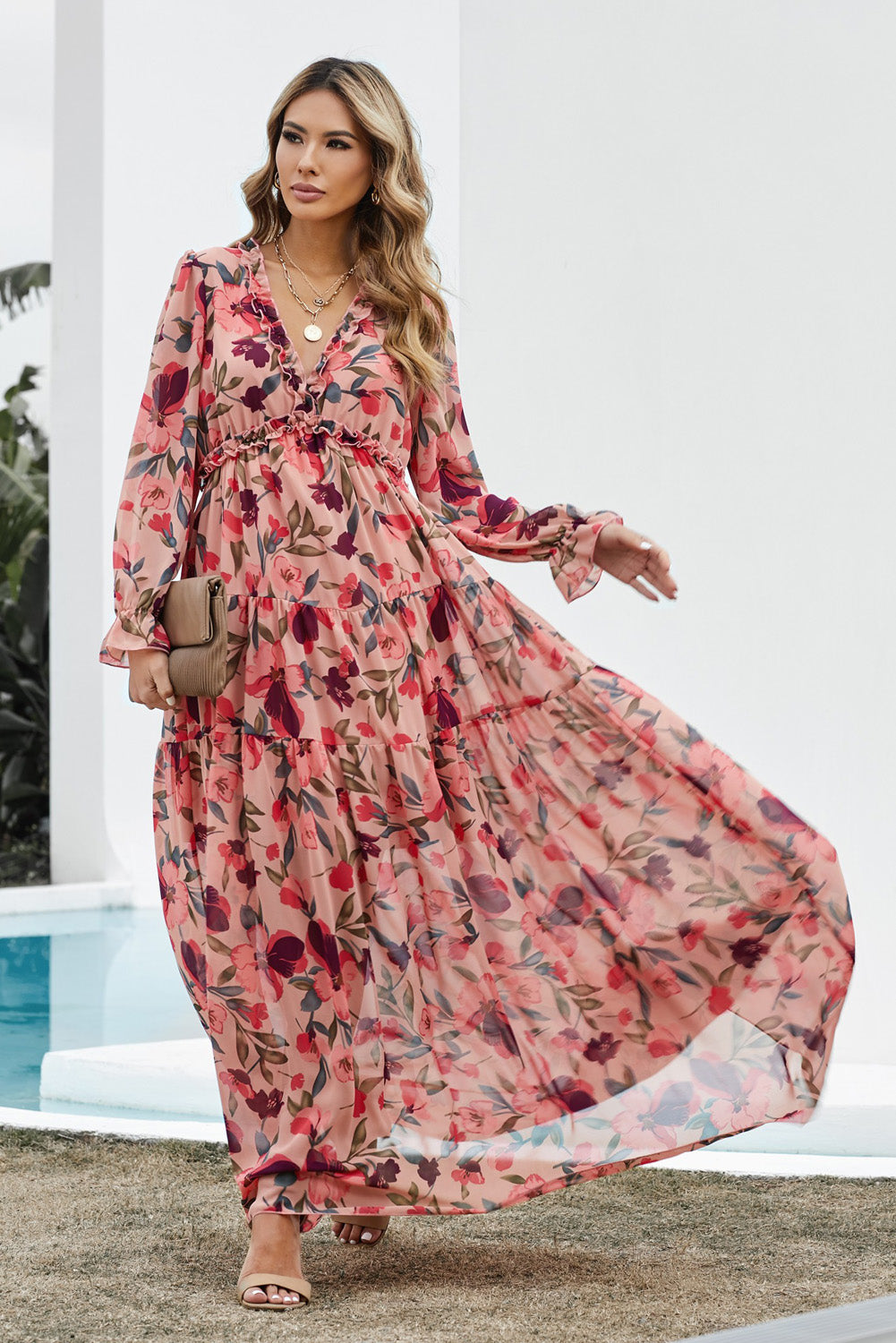 Stilla | Flæse Trim Flounce Ærme Plunge Maxi Kjole