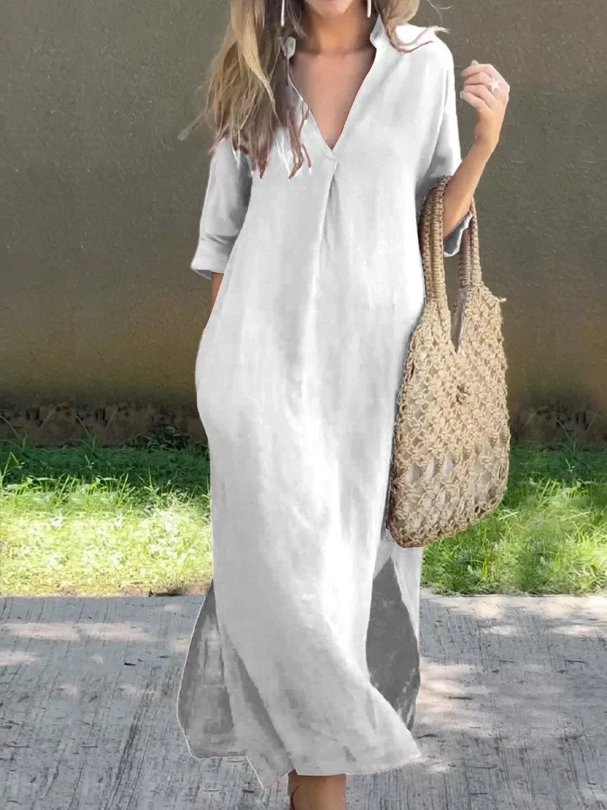 Stilla | Ensfarvet Linnedkjole Med V-udskæring Til Damer, Med Lomme Og V-udskæring