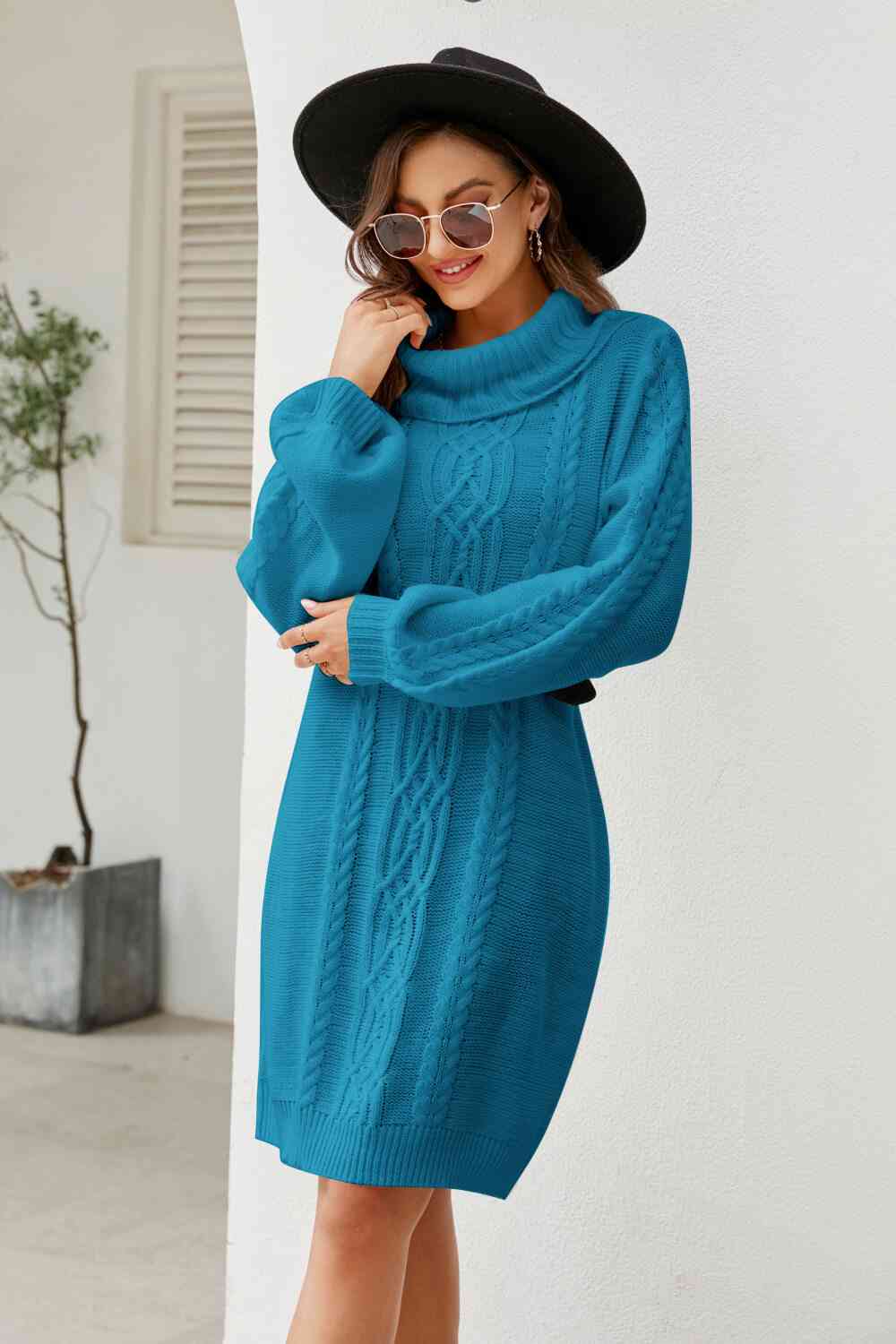 Stilla | Højre Mixed Strik Turtleneck Lantern Ærme Sweater Kjole