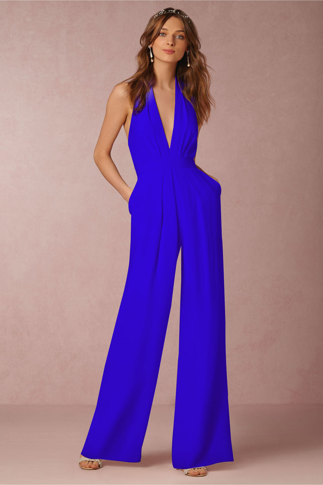Damer elegant jumpsuit med dyb V-udskæring og bred ben silhuet Skovae