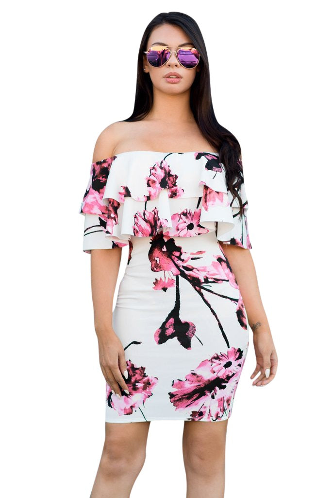 Dame Off-Shoulder Minikjole med voluminøs flæsekant Stilla