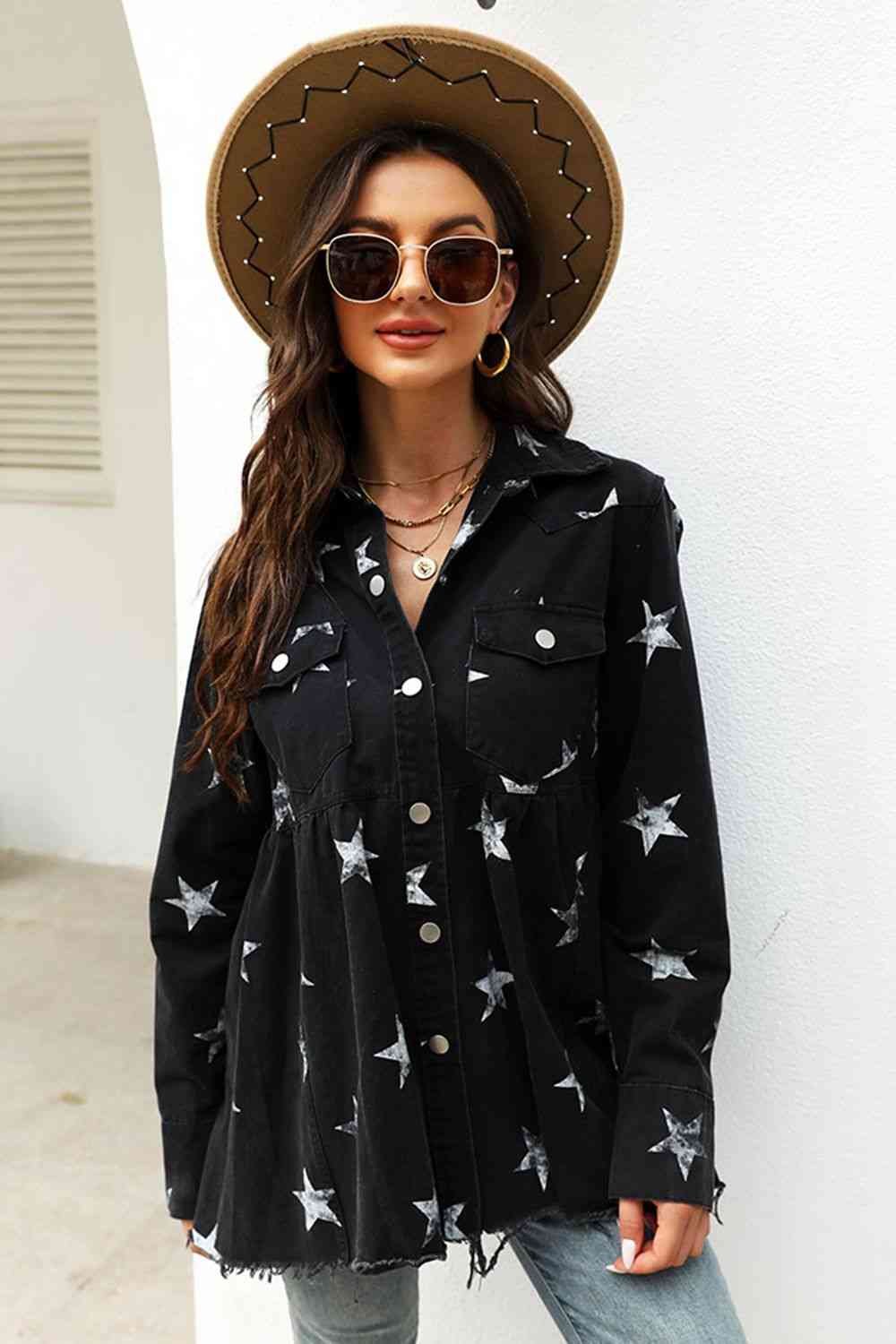 Stilla | Neck Star Print Langærmet Denim Jakke