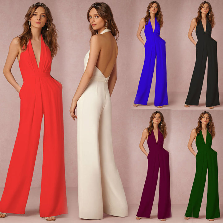 Damer elegant jumpsuit med dyb V-udskæring og bred ben silhuet Skovae