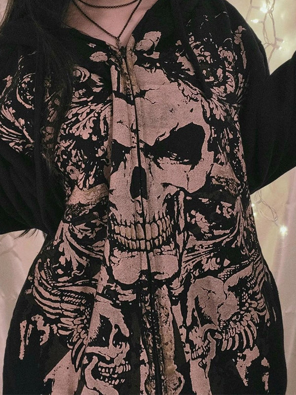 Stilla | Vintage Dødningehovedprint Oversized Hoodie med Lynlås