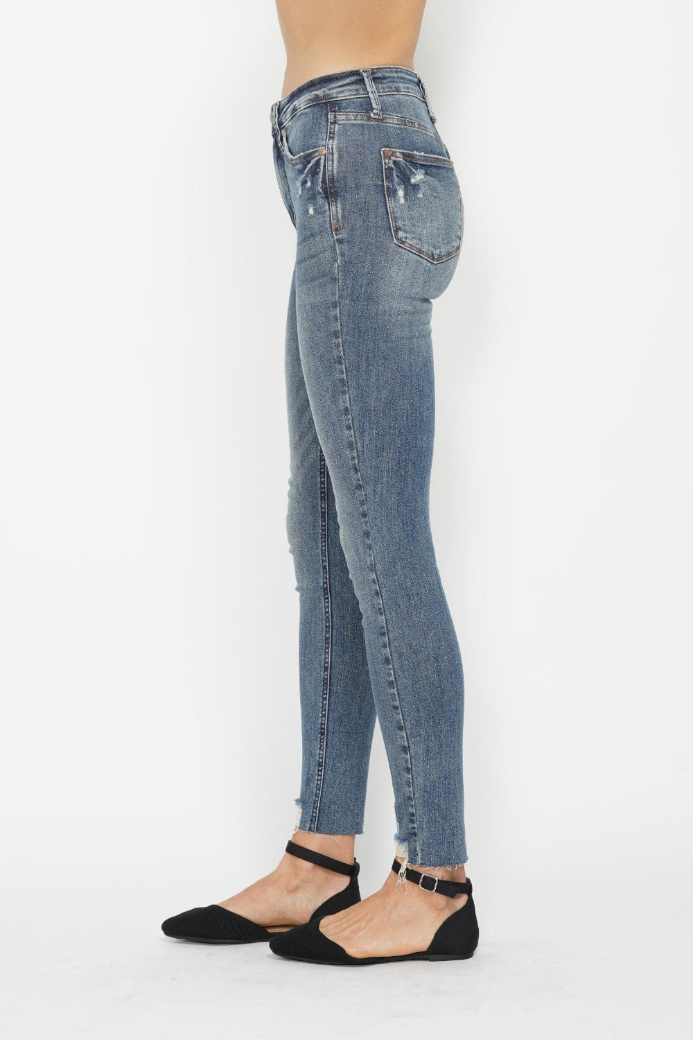 Stilla | Blå Full Size Tummy Control Vintage Wash Hem Destroy Skinny Jeans