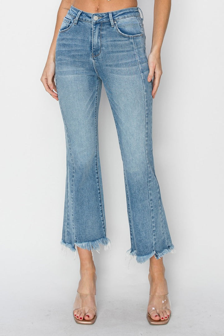 Stilla | Full Size High Rise Frayed Hem Flare Jeans