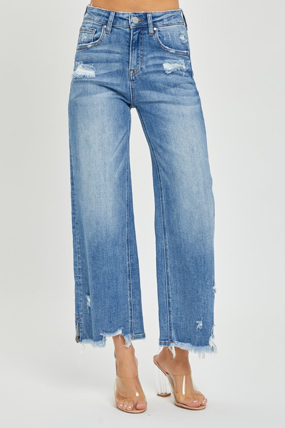 Stilla | Høj Talje Side Slids Ru Uden Kant Kort Jeans