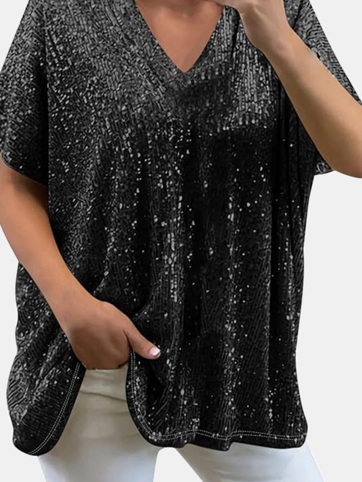 Stilla | Plus Size Paillet V-Hals Kortærmet Top