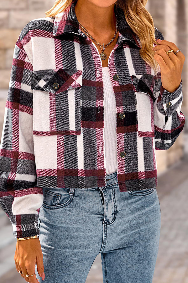 Stilla | Pocket Fashion Casual Cropped Damen Tjekket Jakke