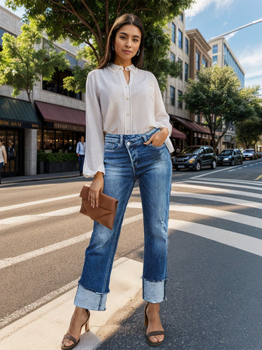 Stilla | Talje Raw Hem Rullede Lige Jeans