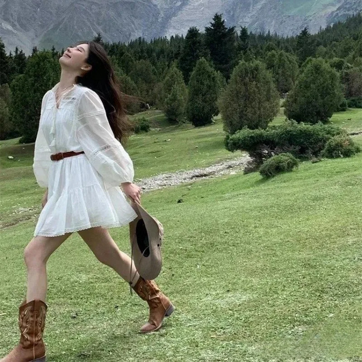 Skovae | Western stil støvler dame med spids tå og blokhæl, cowboy støvler dame