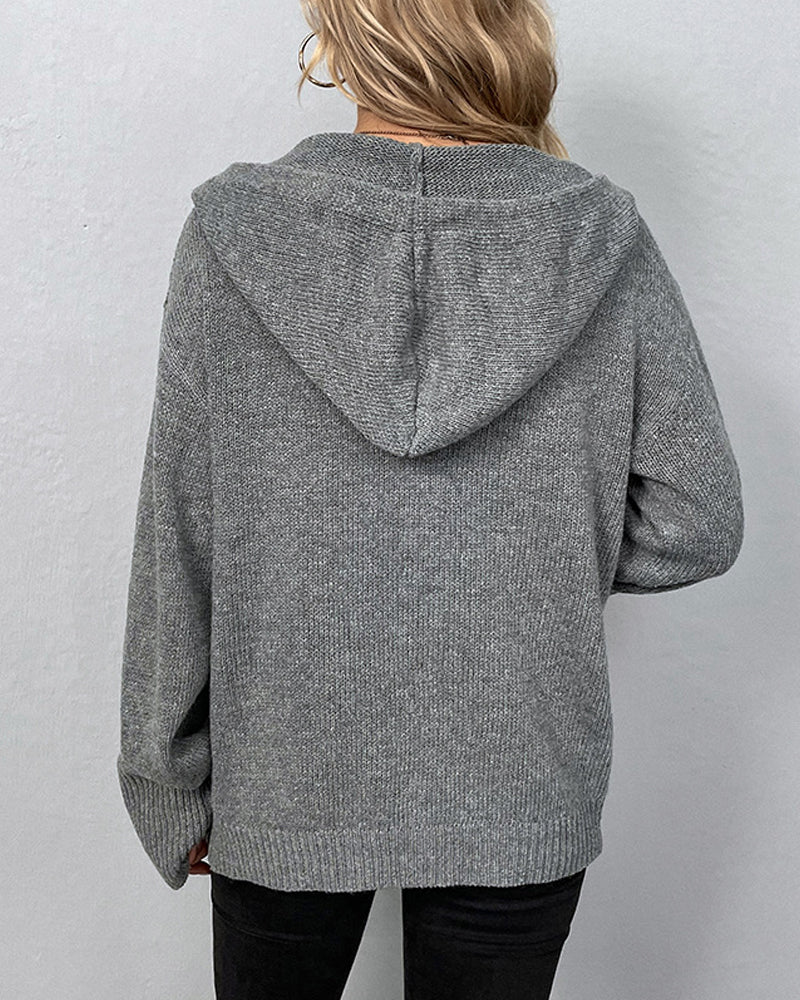 Stilla | Vest Strikket Strikketrøje Med Hætte og Knapper