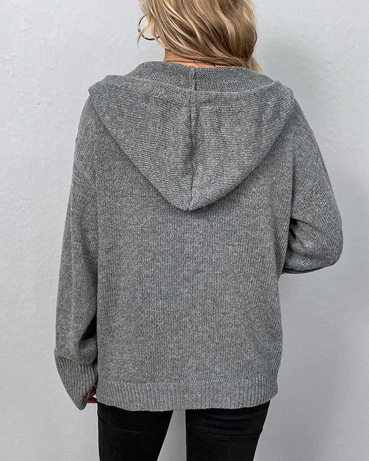 Stilla | Vest Strikket Strikketrøje Med Hætte og Knapper