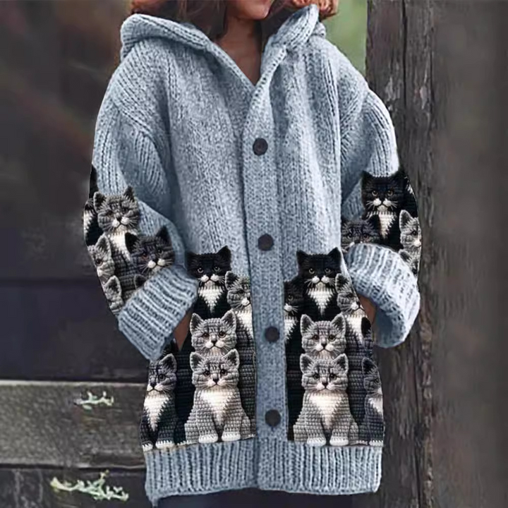 Stilla | Komfortabel Strikket Katteprint Cardigan