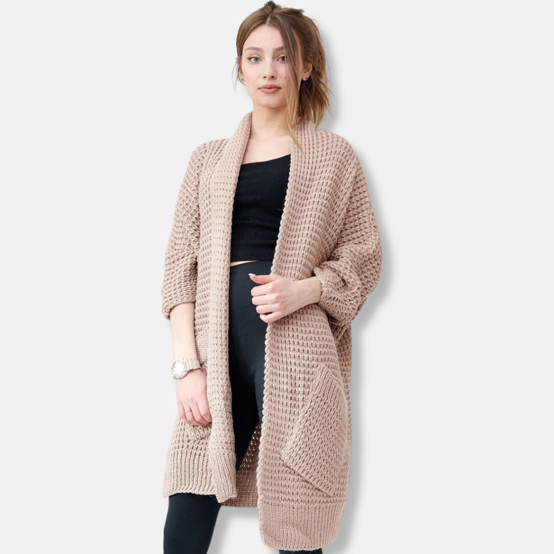 Stilla | Frakke i Strik Oversized Fit Åben Front Mønster Lommer Ribbet Kanter