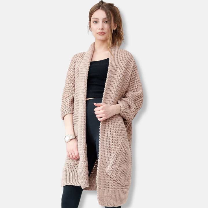 Stilla | Frakke i Strik Oversized Fit Åben Front Mønster Lommer Ribbet Kanter