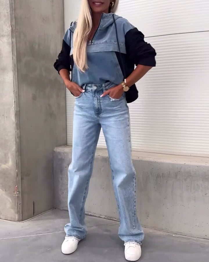 Stilla | Hætte trøje med lynlås og patchwork mønster i denim
