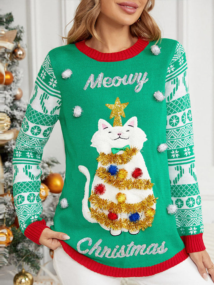 Stilla | Jul Langærmet Cat Appliqué Rundhals Pullover