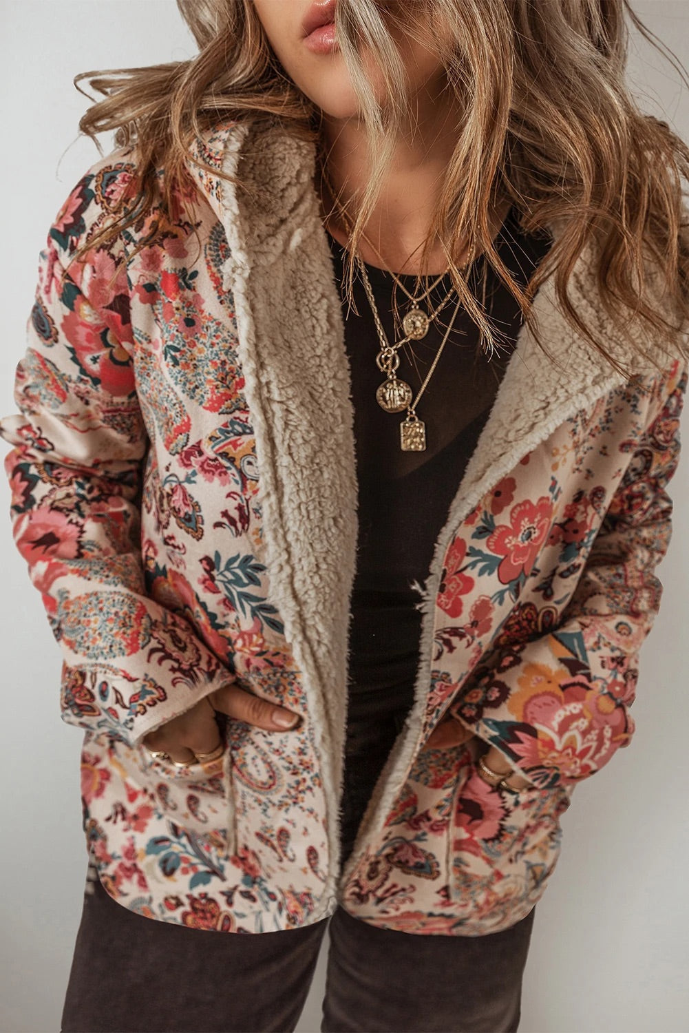 Stilla | Vintage Paisley Blomstertrykt Sherpa Futter Hættejakke