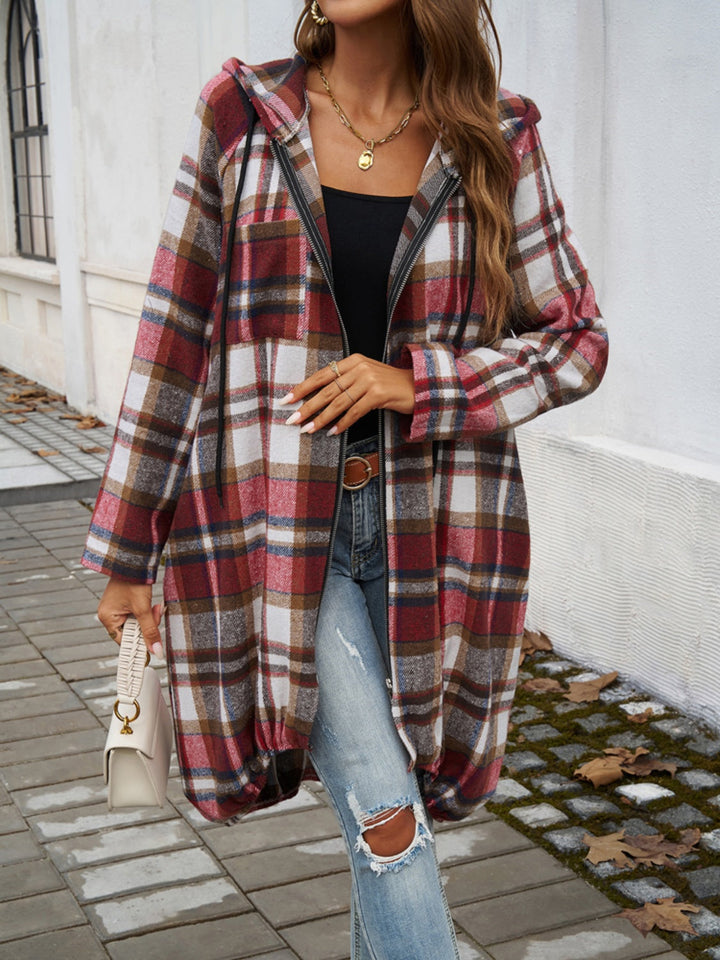 Stilla | Plaid Zip Up Hooded Coat