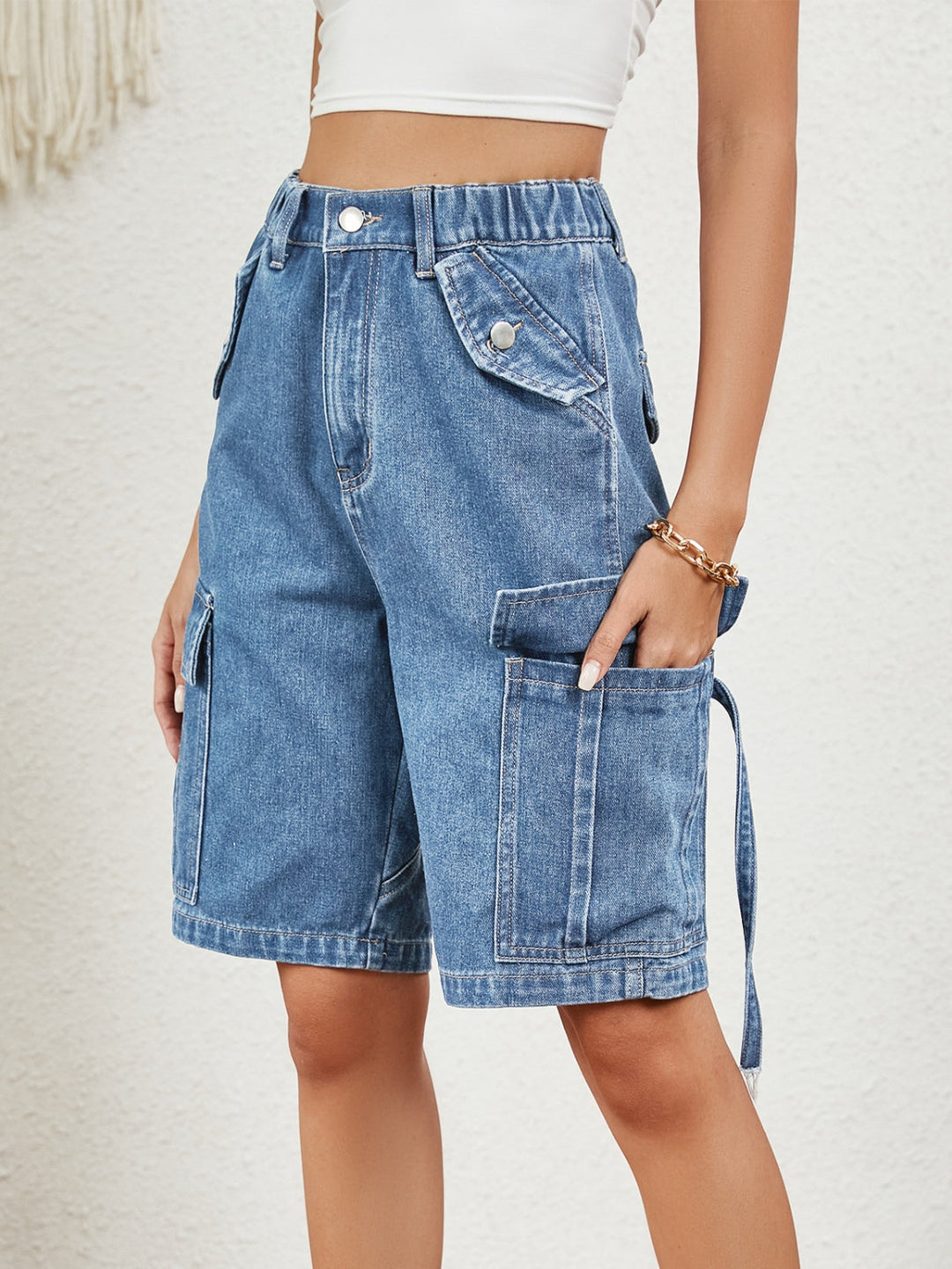 Stilla | Elastisk Talje Denim Shorts med Lommer