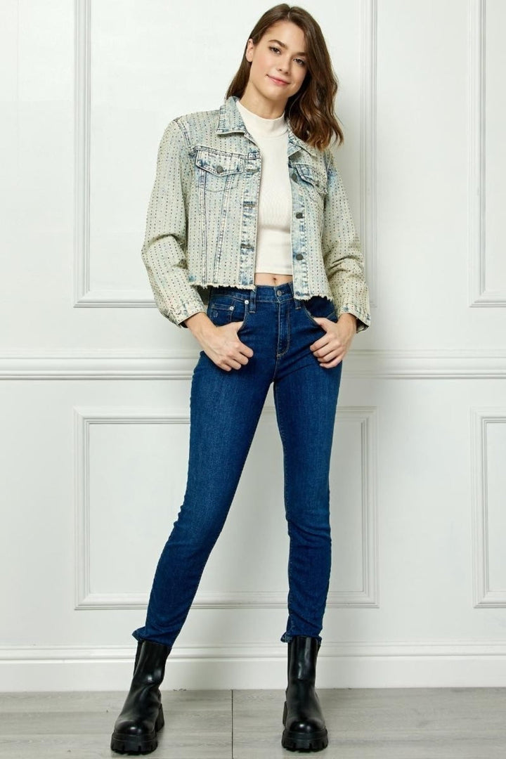 Stilla | Multi Color Stripe Rhinestone Raw Hem Denim Jacket