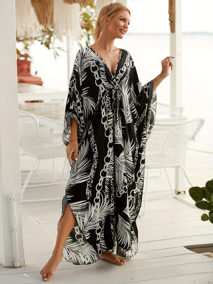 Stilla | Boho Dame Strandkjole Sort Hvid Maxi Kjole Med V-Hals,